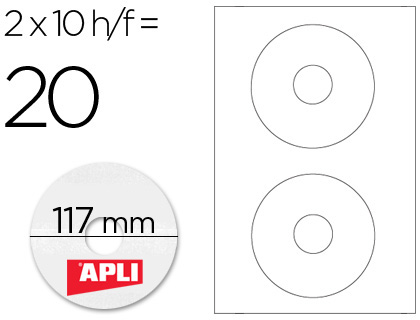 CJ10 hojas A4 20 etiquetas adhesivas Apli 10603 tamaño CD ø117mm. ILC